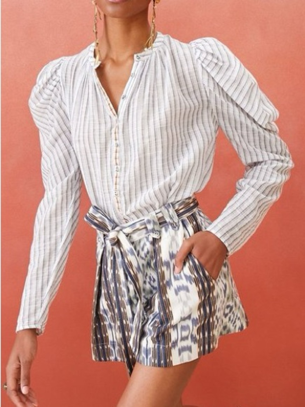 Ulla Johnson Ivory and Blue Striped Puff-Sleeve Blouse